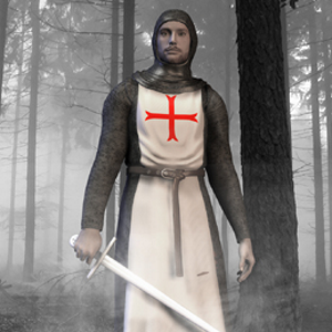 A Templar knight standing in a misty forest